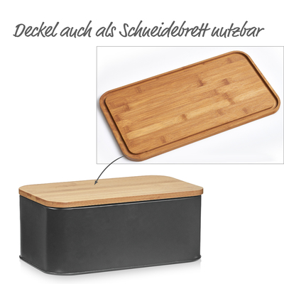 Brotkasten m. Bambusdeckel, Metall, matt schwarz