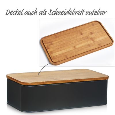 Brotkasten m. Bambusdeckel, Metall, matt schwarz