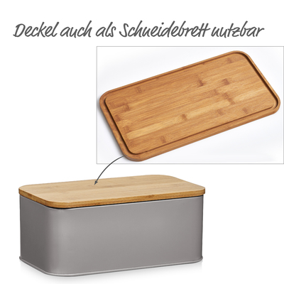 Brotkasten m. Bambusdeckel, Metall, matt taupe