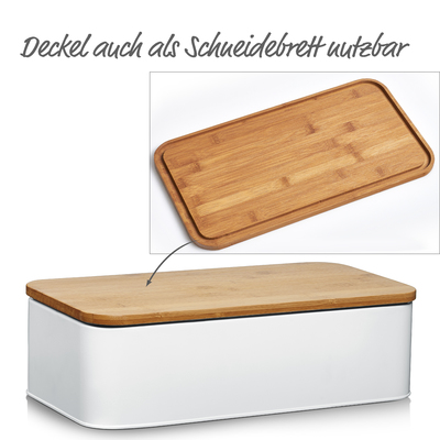 Brotkasten m. Bambusdeckel, Metall, matt weiß